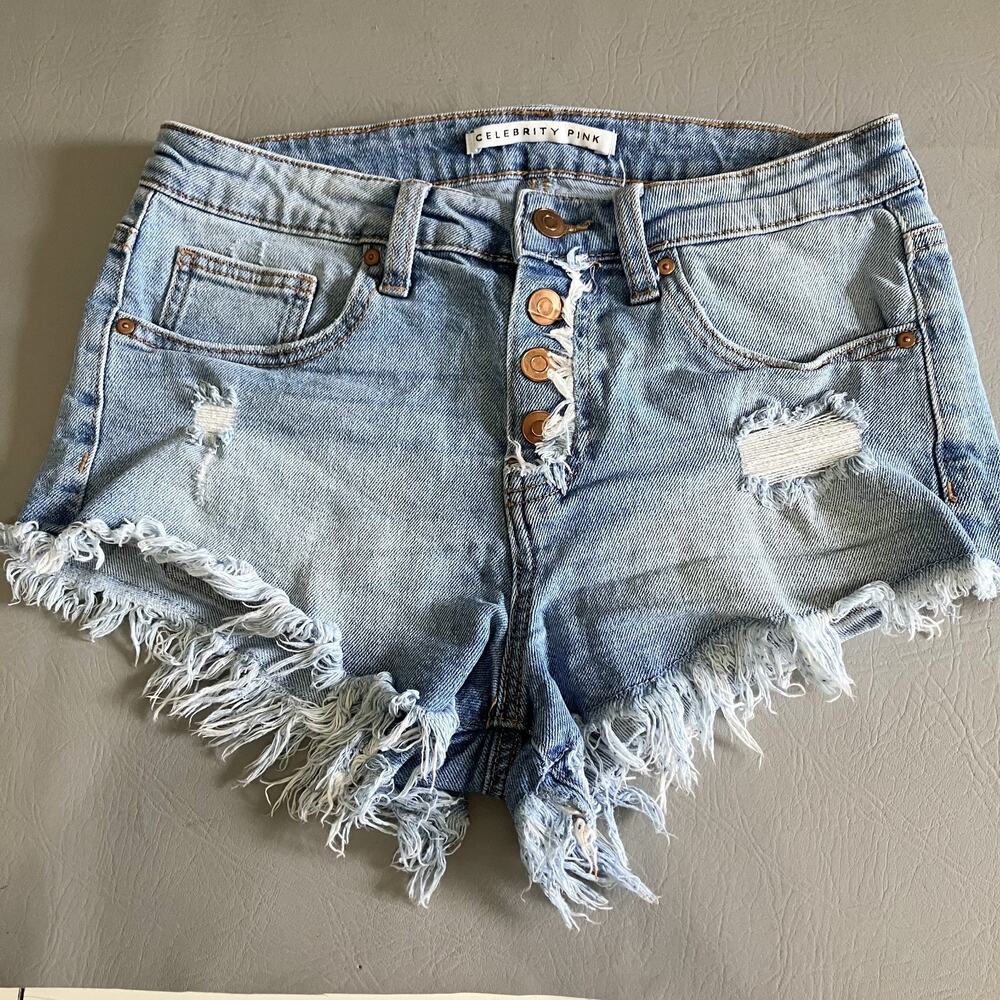 Celebrity Pink Distressed Cut Off Denim Shorts Button Fly Frayed Dukes 3/26